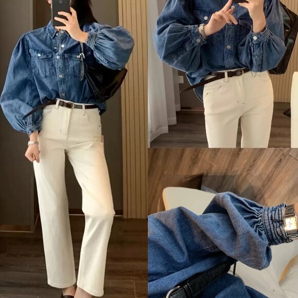 NWOT We The Free With Love Denim Puff Long Sleeve Top Indigo M L XL - Picture 2 of 4